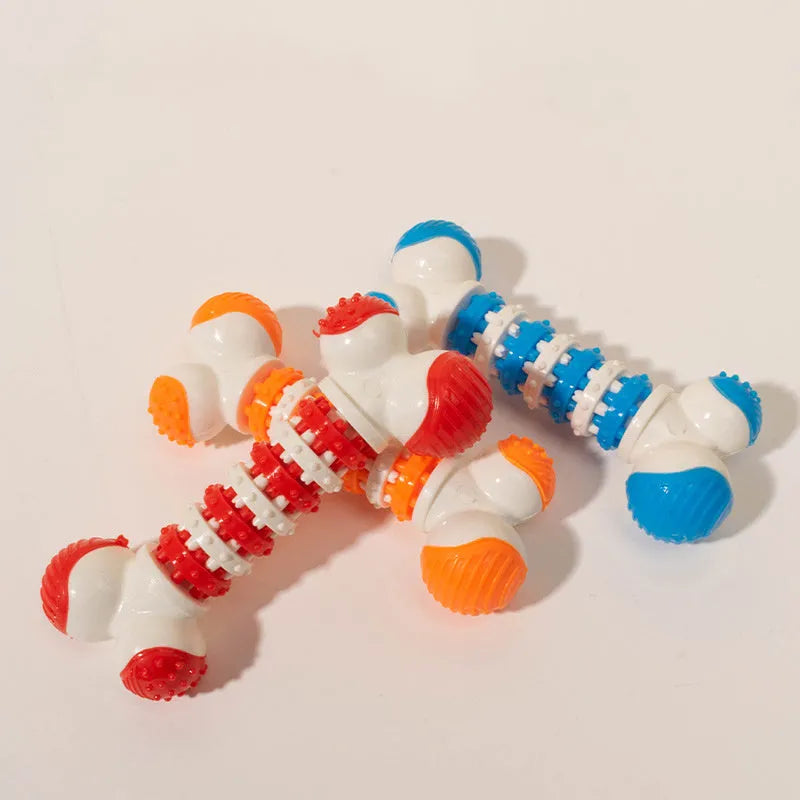 Blue bone-shaped interactive dog toy for small breeds with chewable ends and treat compartment