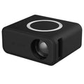 YT300 black or white portable mini projector showing 1080P movie projection on a wall in a dim room.