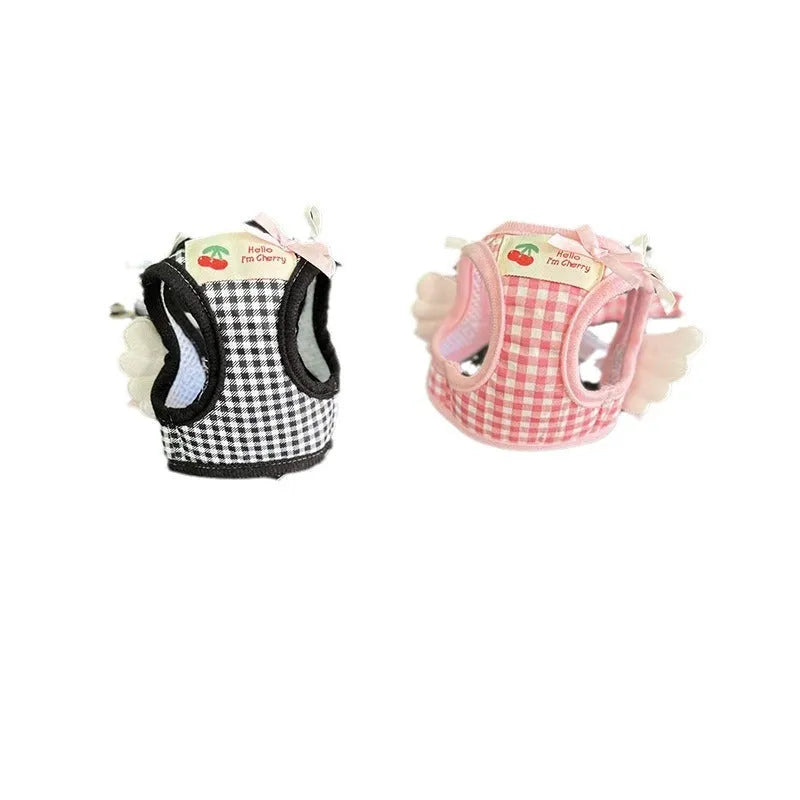 Pink and black cotton chest and back harness with hand holding rope for small dogs.