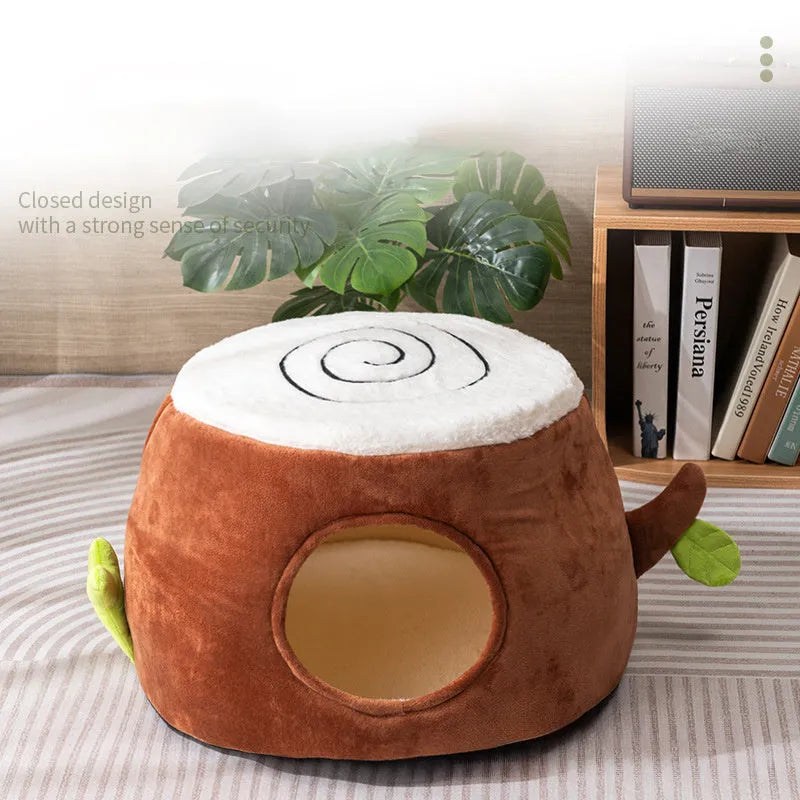 Four season transformable double-layer tree stump cat nest with cat door, in size M, plush material, for indoor cats
