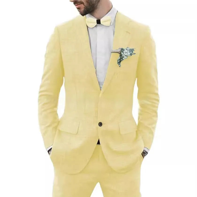 Men's slim fit suit with hemp blend linen fabric in multiple colour options