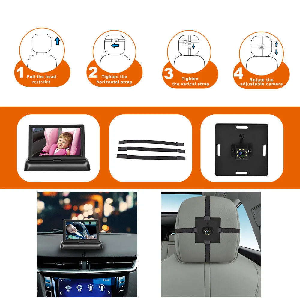 Black 4.3-inch folding screen car baby monitor with 6-metre camera cable