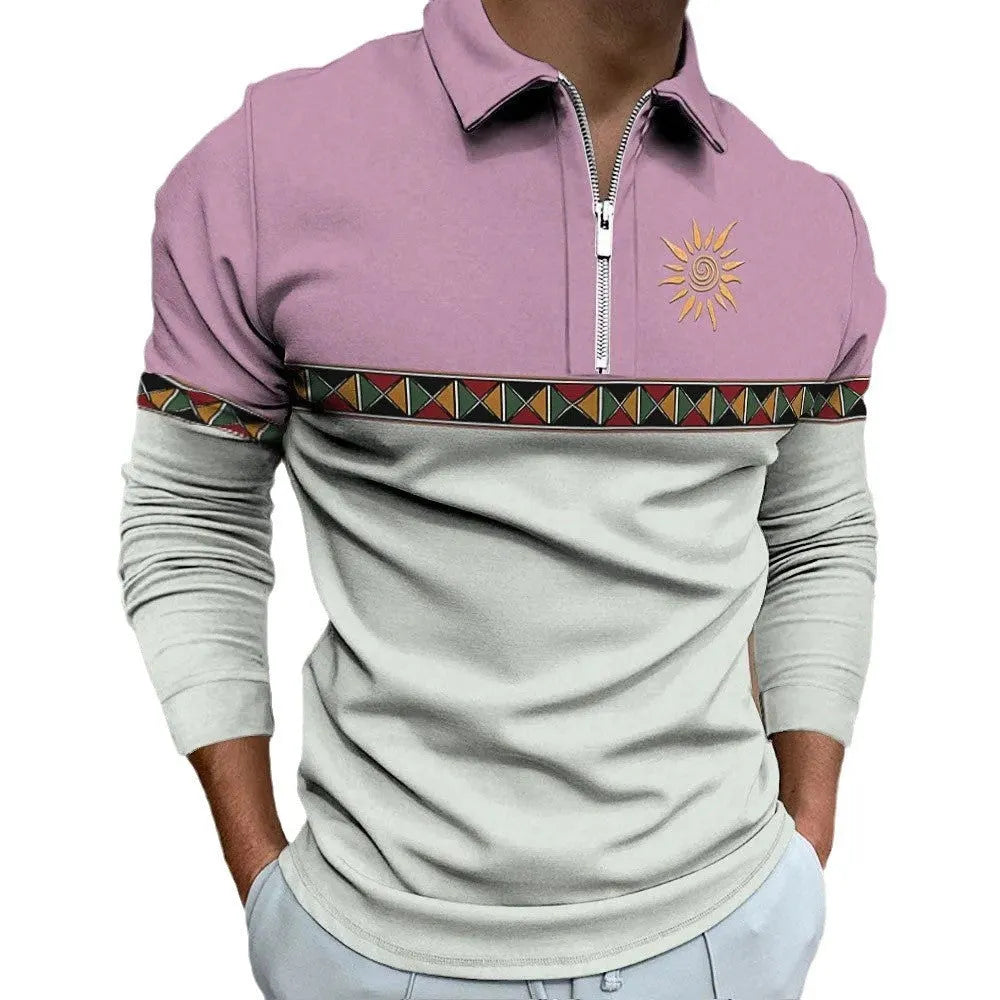 Man modelling a men's long-sleeved retro print golf t-shirt with zip decoration in a loose fit.