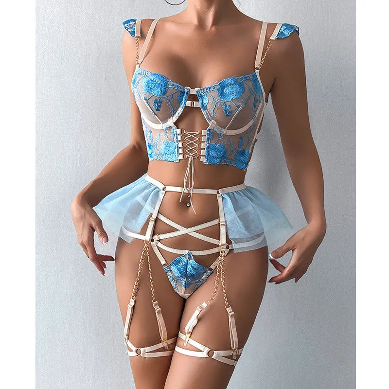 Women's light blue embroidered lace bra set with transparent mesh three-point styling