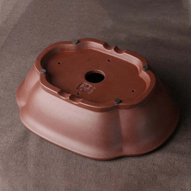 Handmade purple clay bonsai basin with classical Chinese styling measuring 25×20×7cm