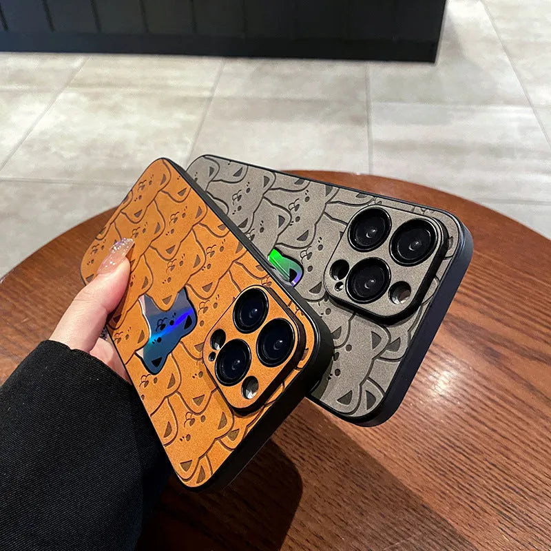 Laser full screen bear cat phone case in TPU imitation leather, yellow black silver grey, for Apple iPhone 11 to 15
