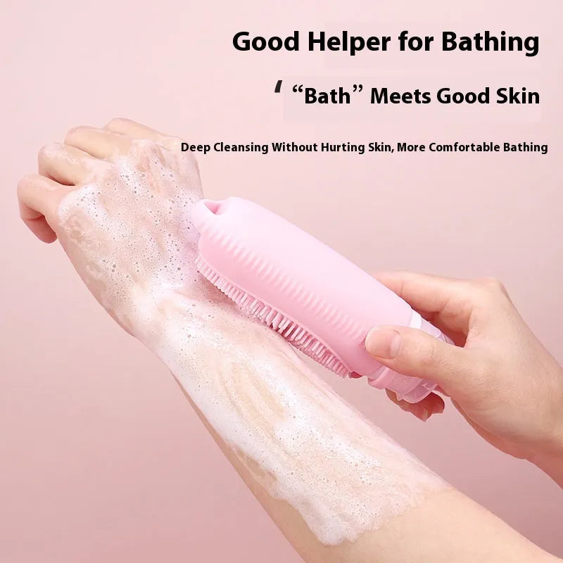 Silicone bath brush storage bottle in pink, flesh, orange, sea blue, grey blue, grey yellow, light green, and light grey colours.