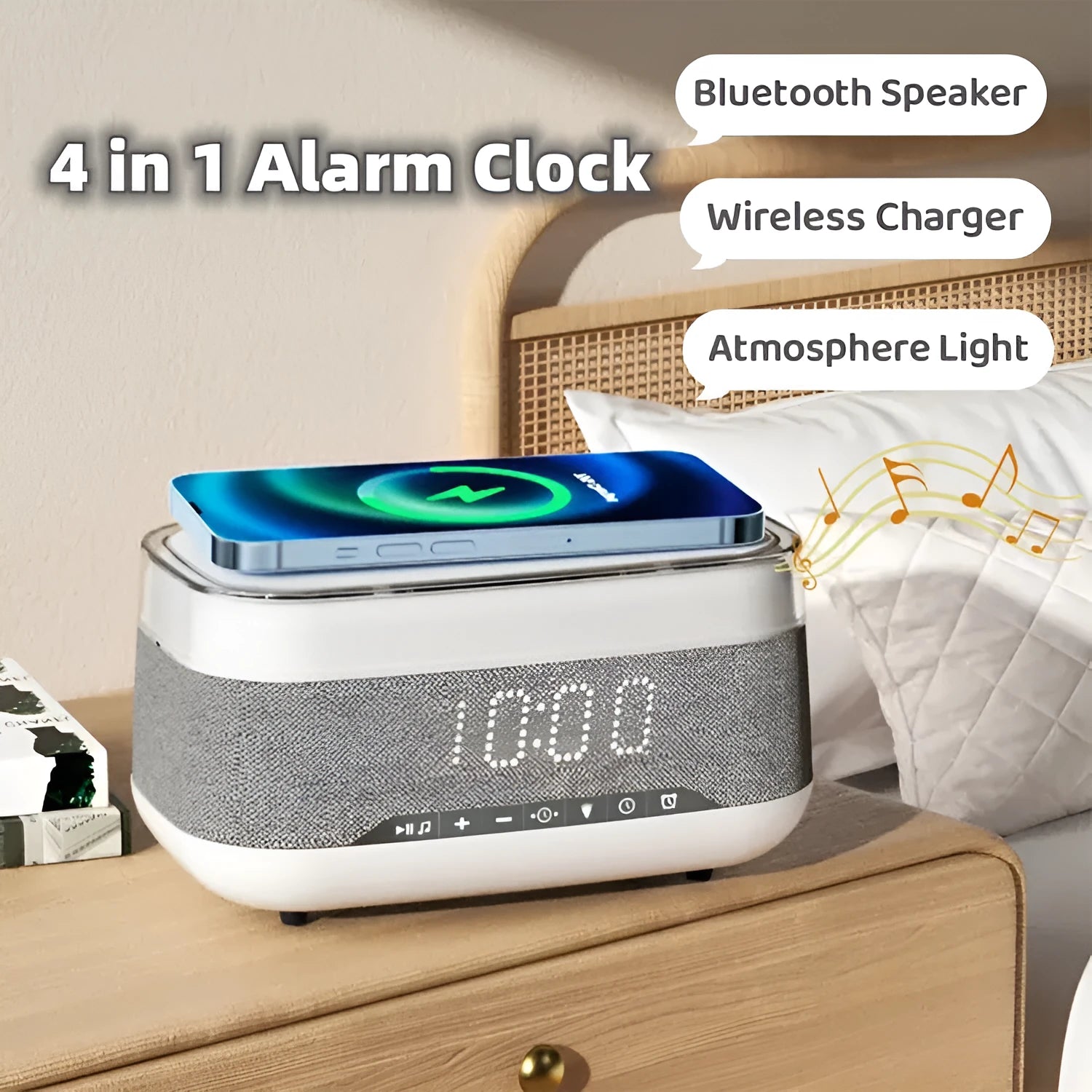 White multifunctional alarm clock with Bluetooth speaker and wireless charging pad on a table