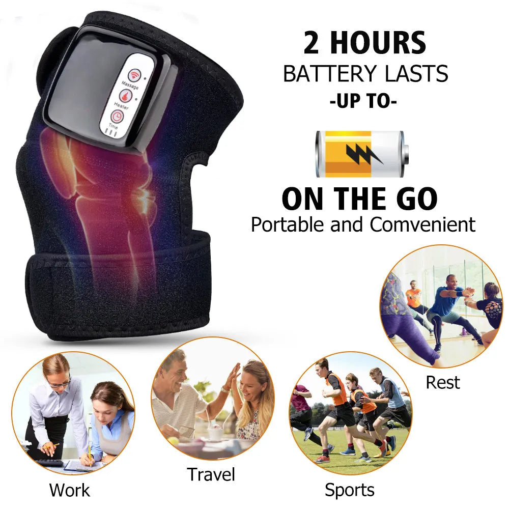 Electric infrared heating knee massager wrap with vibration and rechargeable battery on a knee joint