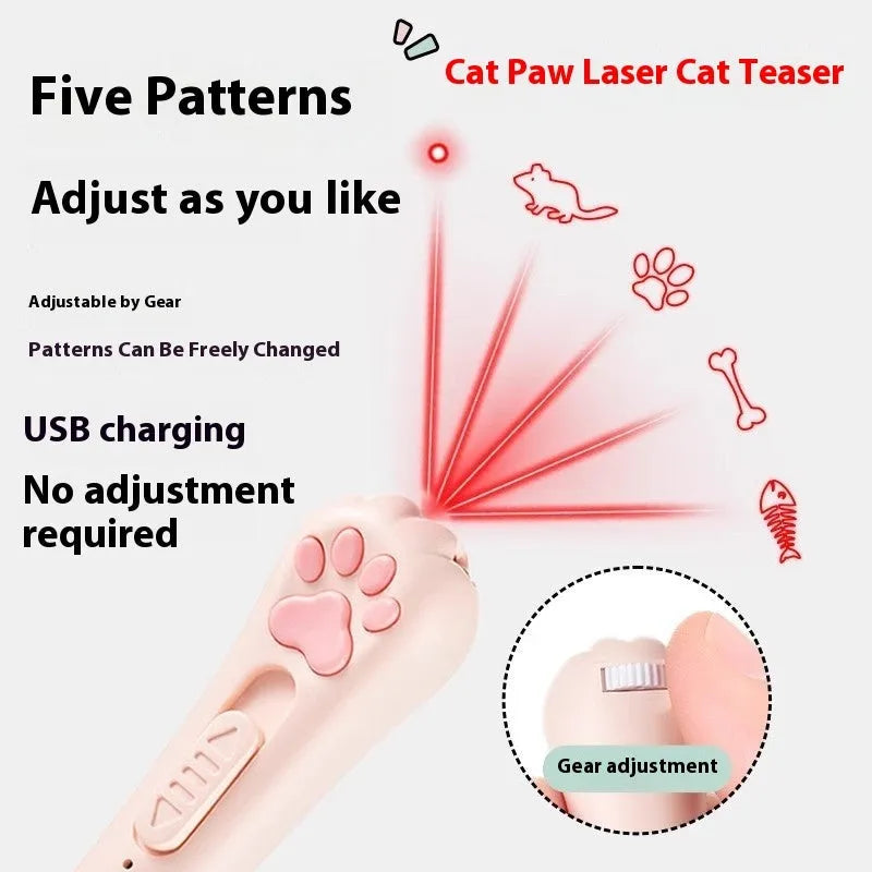 Rechargeable cat teaser toy with a light, shown in pink, cream, and sky blue colour options.