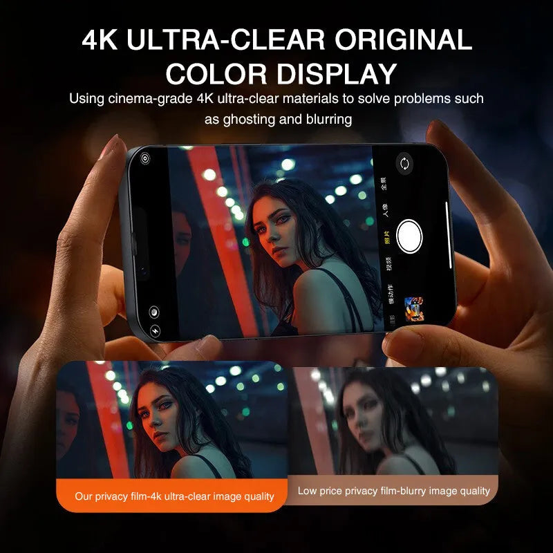 Anti-peeping tempered glass screen protector for iPhone shown with privacy angle effect.