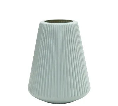 Blue melamine plastic decorative flower vase measuring 16cm by 20cm on a desktop.