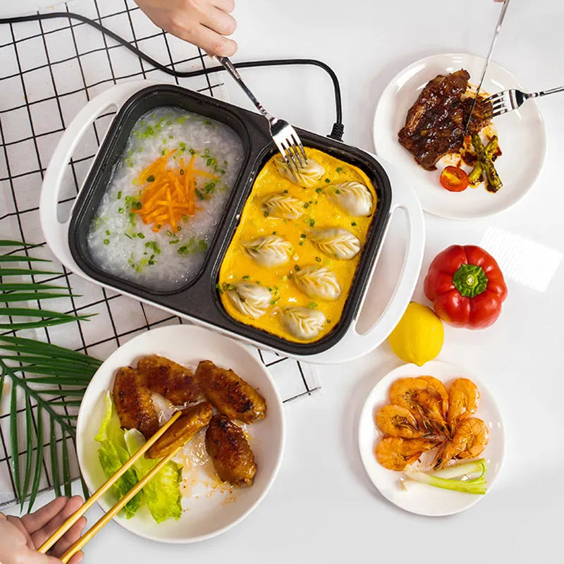 White and green household electric hot pot with dual-use caldron and frying oven function