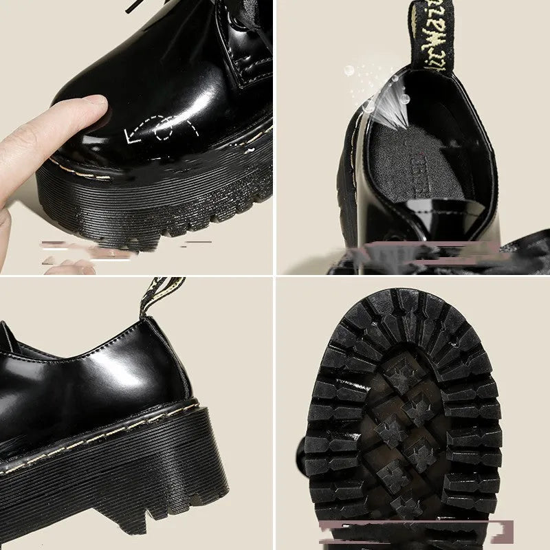 Black and white women's lace-up shoes with a thick sole, cross straps, and ribbon details.