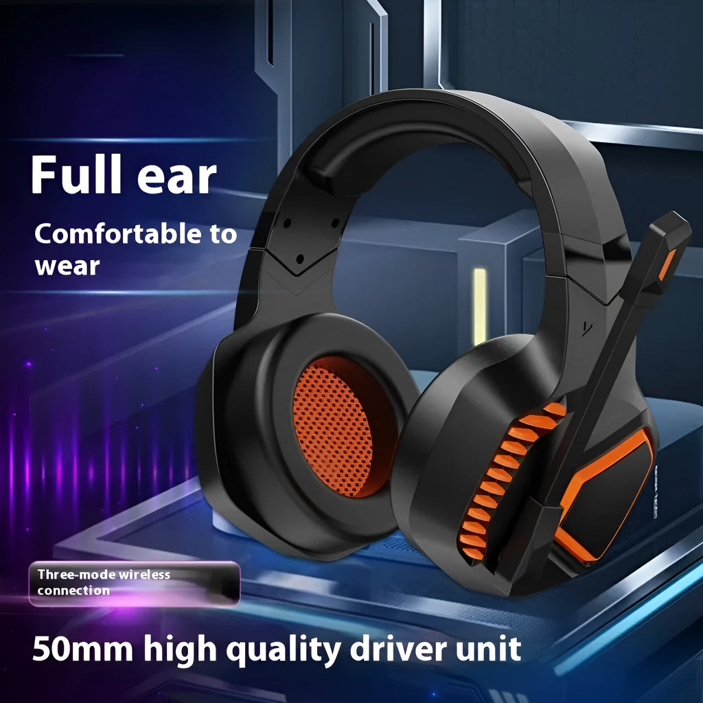 Wireless Bluetooth gaming headset in black or camouflage with rotatable noise reduction, 50mm speakers, 3.5mm plug, and high protein leather earmuffs.