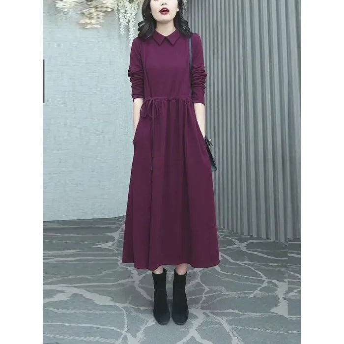 Purplish red plus size long sleeve dress with a long skirt for winter.