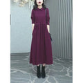 Purplish red plus size long sleeve dress with a long skirt for winter.