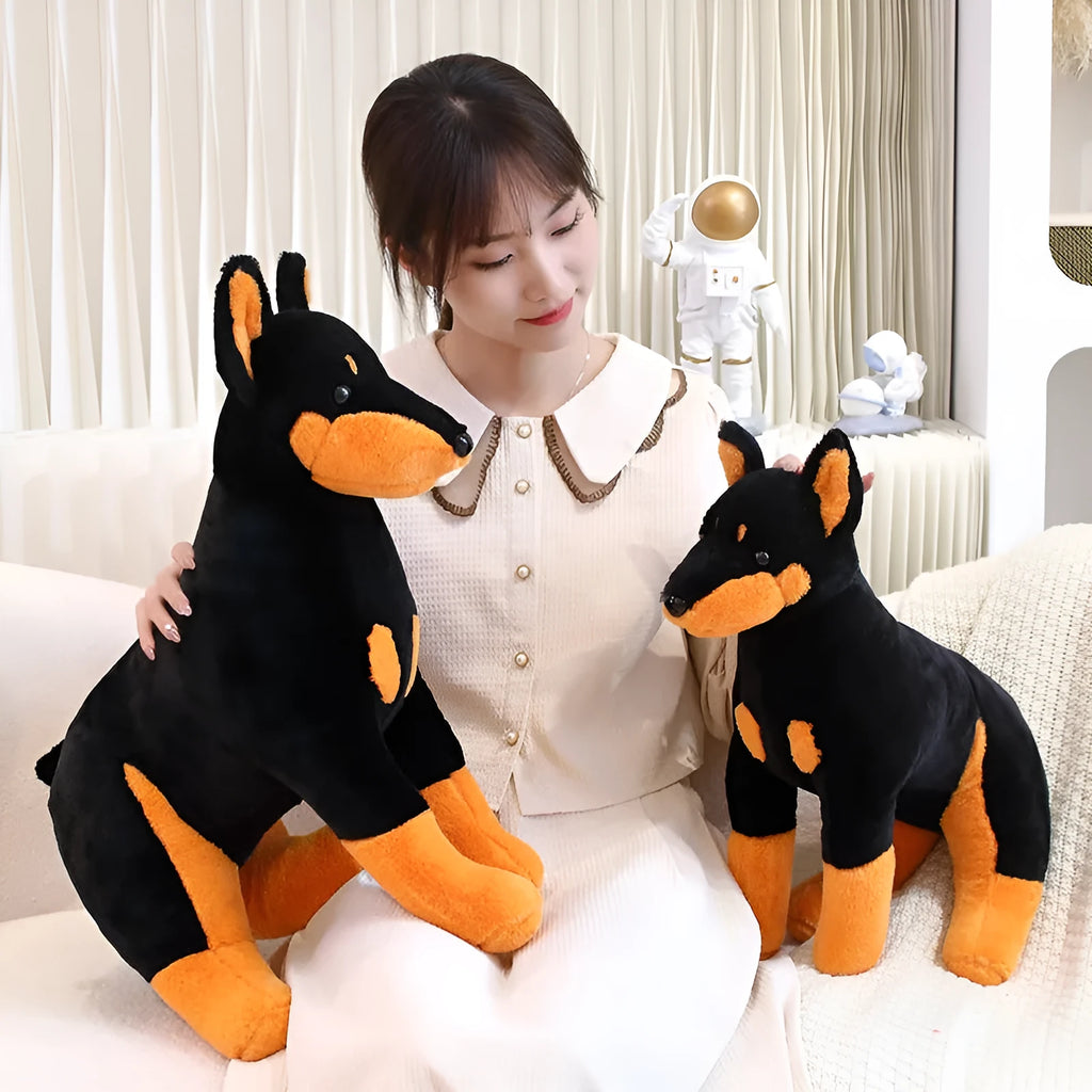 Black Doberman Pinscher plush toy with short plush fabric and PP cotton filling