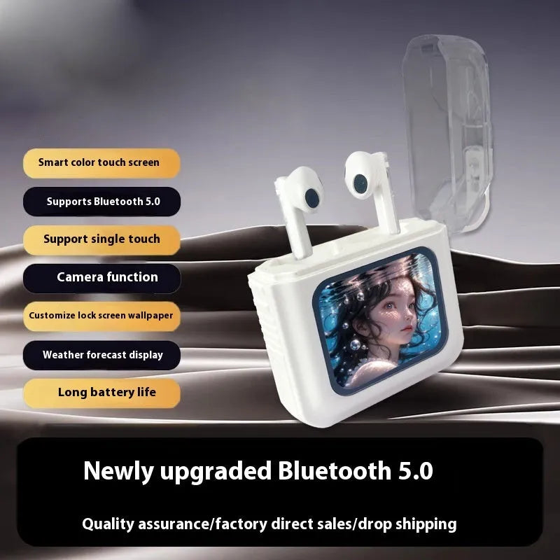 White Bluetooth headset with colour screen display showing battery level and connection status