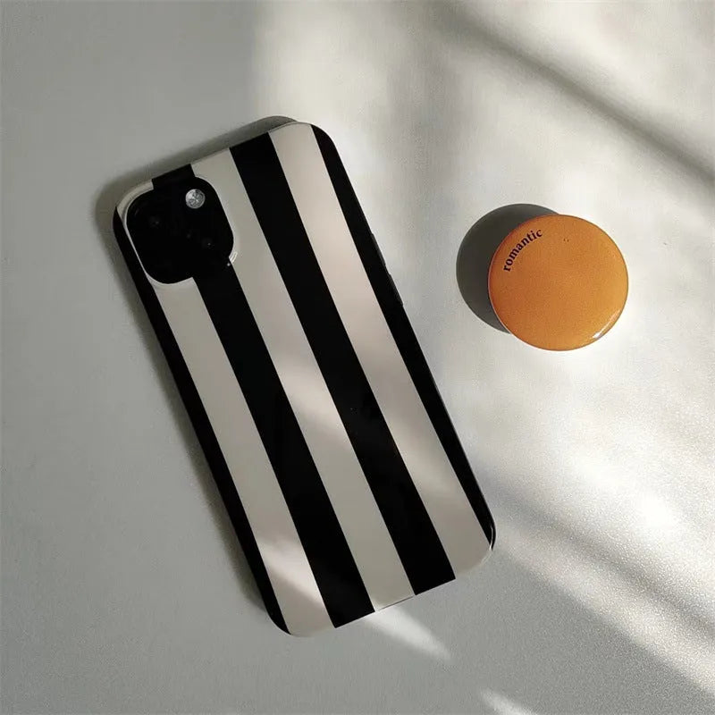 Beige and black striped phone case with T letter and orange bracket for Apple iPhone 12 to 16 Pro Max