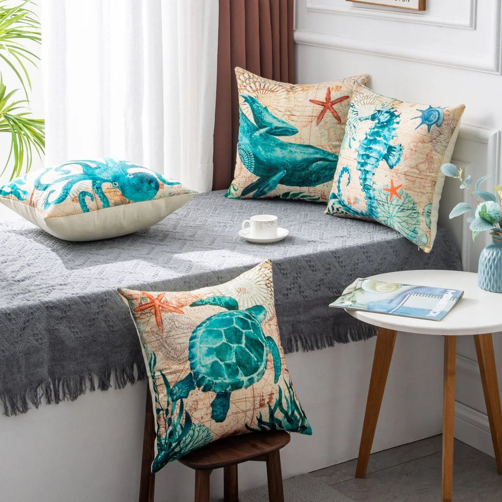 Sea turtle printed linen cushion cover 45x45cm with invisible zipper for sofa or chair