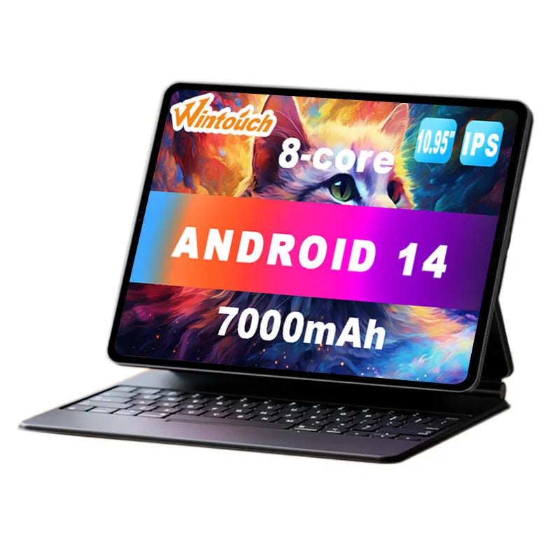10-inch bare metal blue tablet PC with a black leather keyboard case attached, shown on a desk.