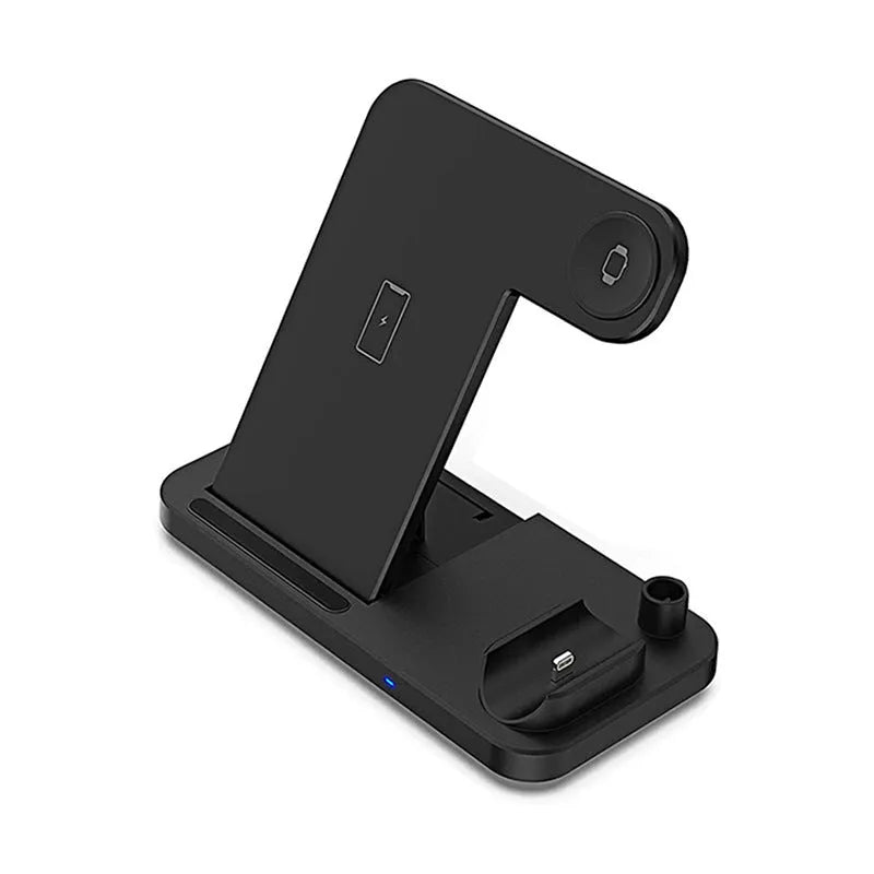 Black four-in-one wireless charging station with QC3.0 fast charging head for multiple mobile phones