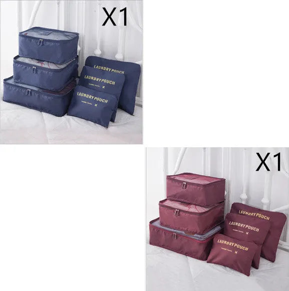 6 PCS travel storage bag set in polyester with handbag shape, multiple colour options for clothes and cosmetic organisation