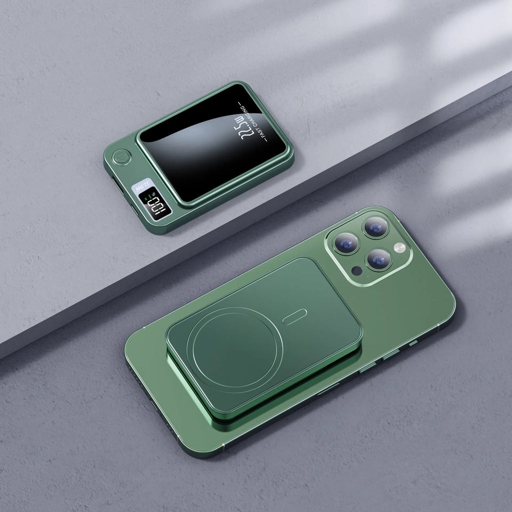 Wireless Magsafe power bank in black, white, purple, or green, showing compact industrial design.