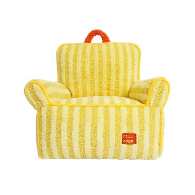 Striped soft velvet pet bed for dogs with a removable cover in yellow, orange, or purple.