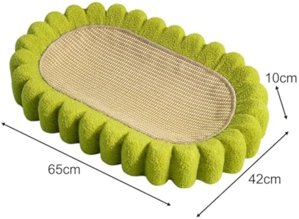 Green oval sisal cat scratch pad bowl serving as a cat bed and scratcher.