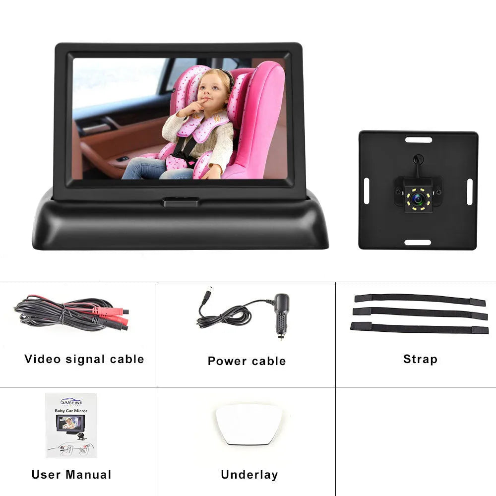 Black 4.3-inch folding screen car baby monitor with 6-metre camera cable