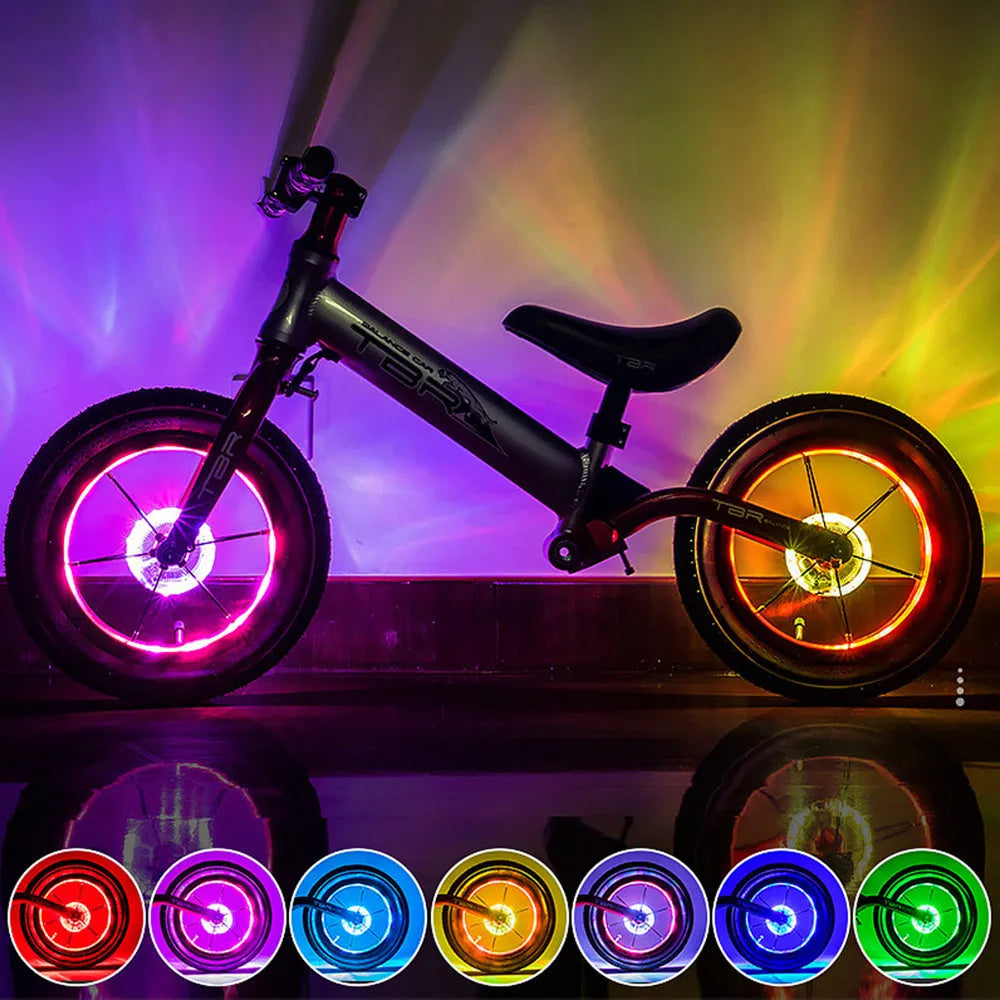 ABS balance bike wheel light with USB charging, fits hubs up to 3cm, includes rubber gaskets