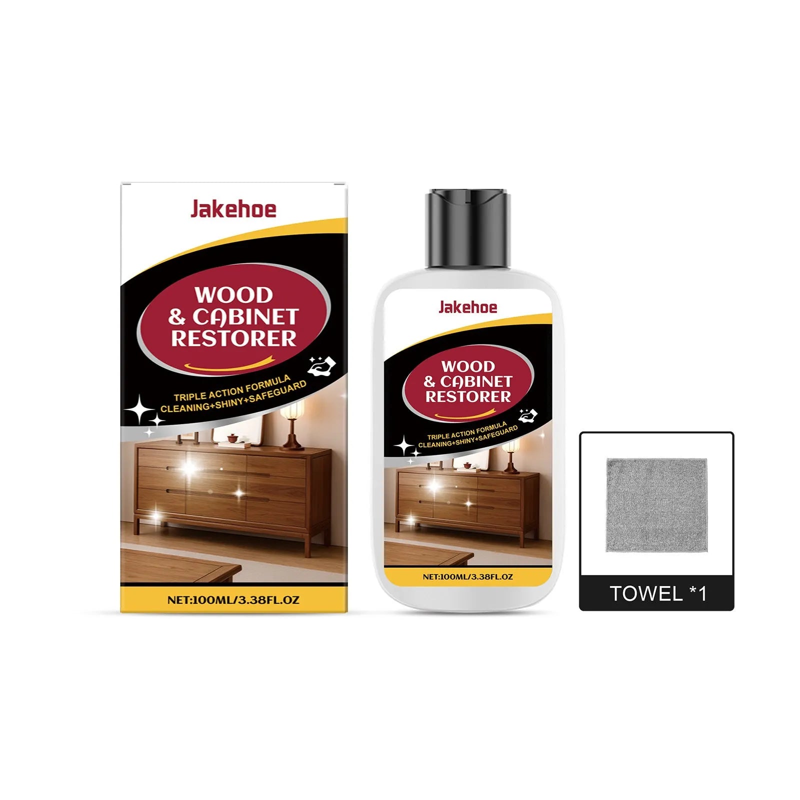 Wooden furniture scratch care solution with 100ml bottle and 20x20cm microfiber towel