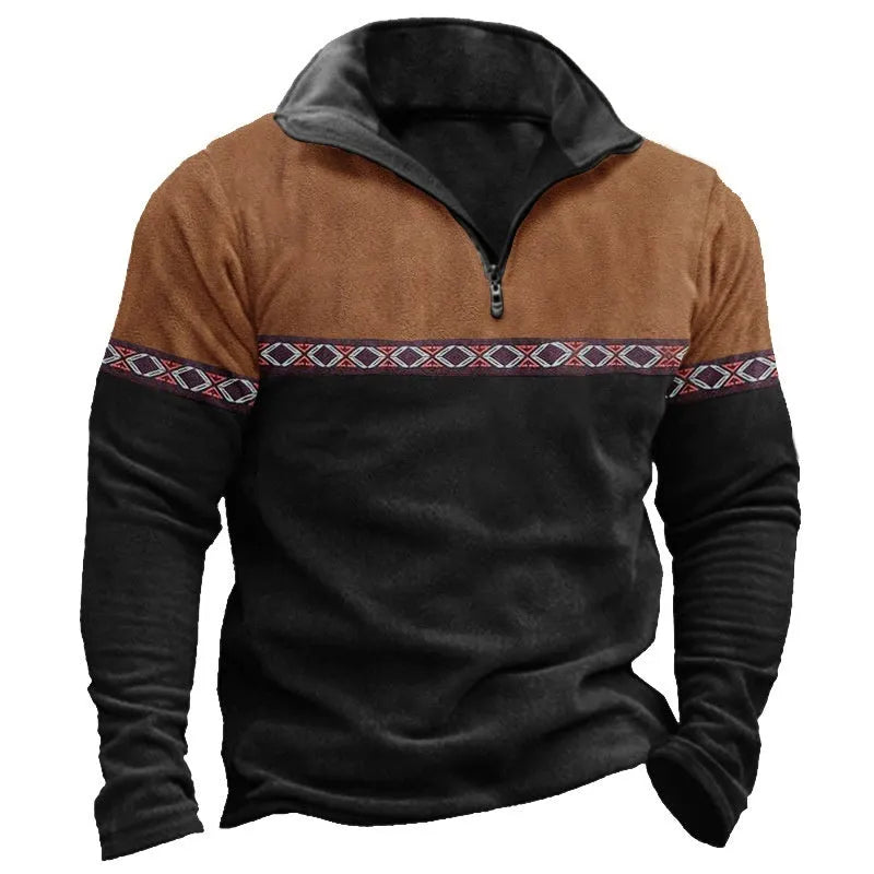 Retro patchwork pattern polo shirt with zipper sweater styling in cotton-blend fabric