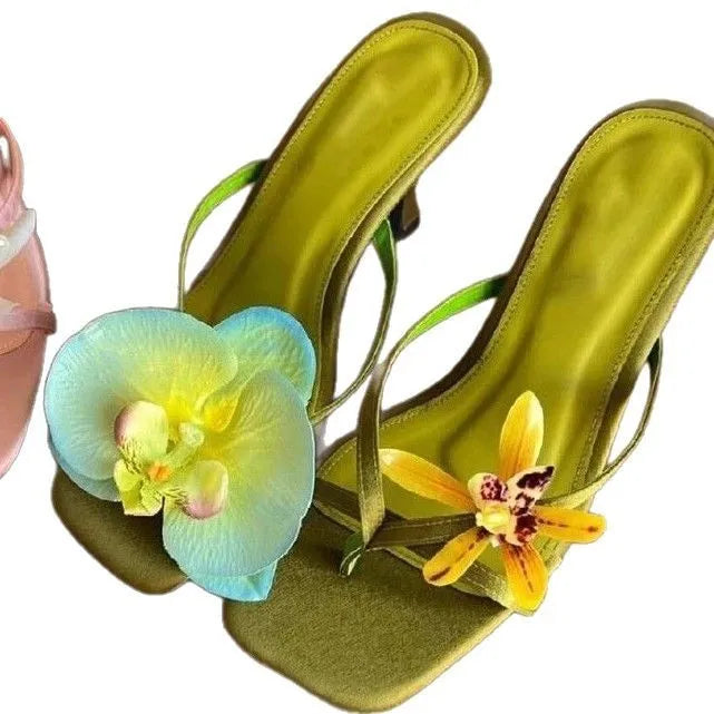 Women's handmade asymmetric floral sandals with high heel and square toe in calf leather
