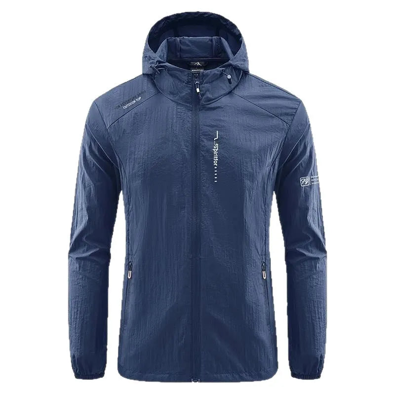 Men's thin nylon summer hooded jacket in loose fit showing light grey colour option