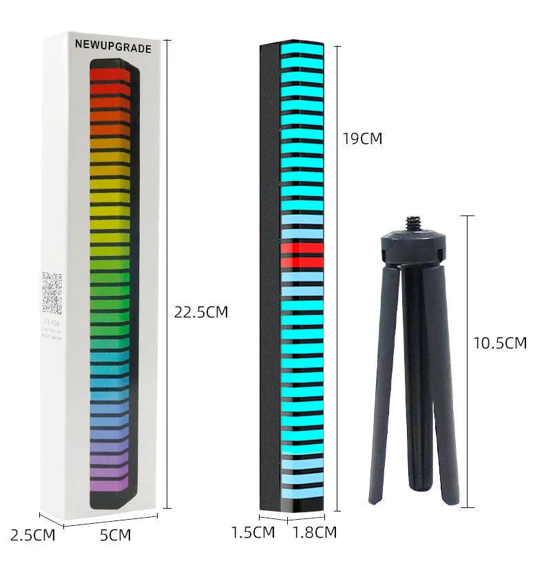 Voice control music rhythm light bar with acrylic shell, 180 x 16 x 19 mm, black or white, USB or battery.