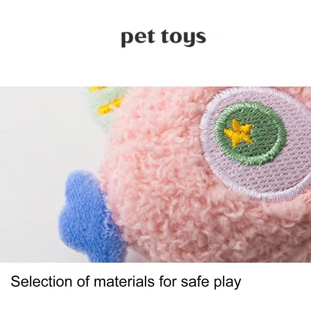 Plush cartoon-shaped dog chew toy with squeaker in assorted colours on white background
