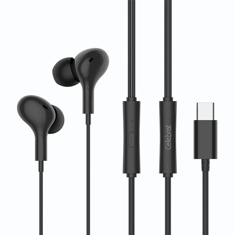 Black in-ear Type-C headphones with 1.2 metre cable on white background