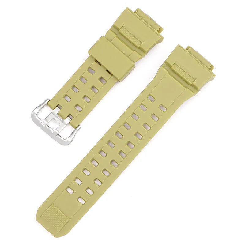 Camouflage TPU watchband with silver buckle, showing strap length and colour options