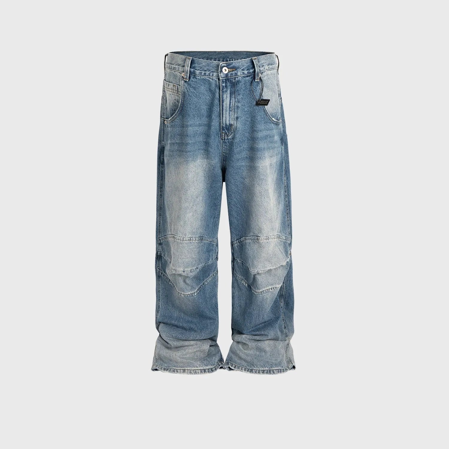 Men's straight leg baggy jeans in a washed blue denim colour with a zip fly.