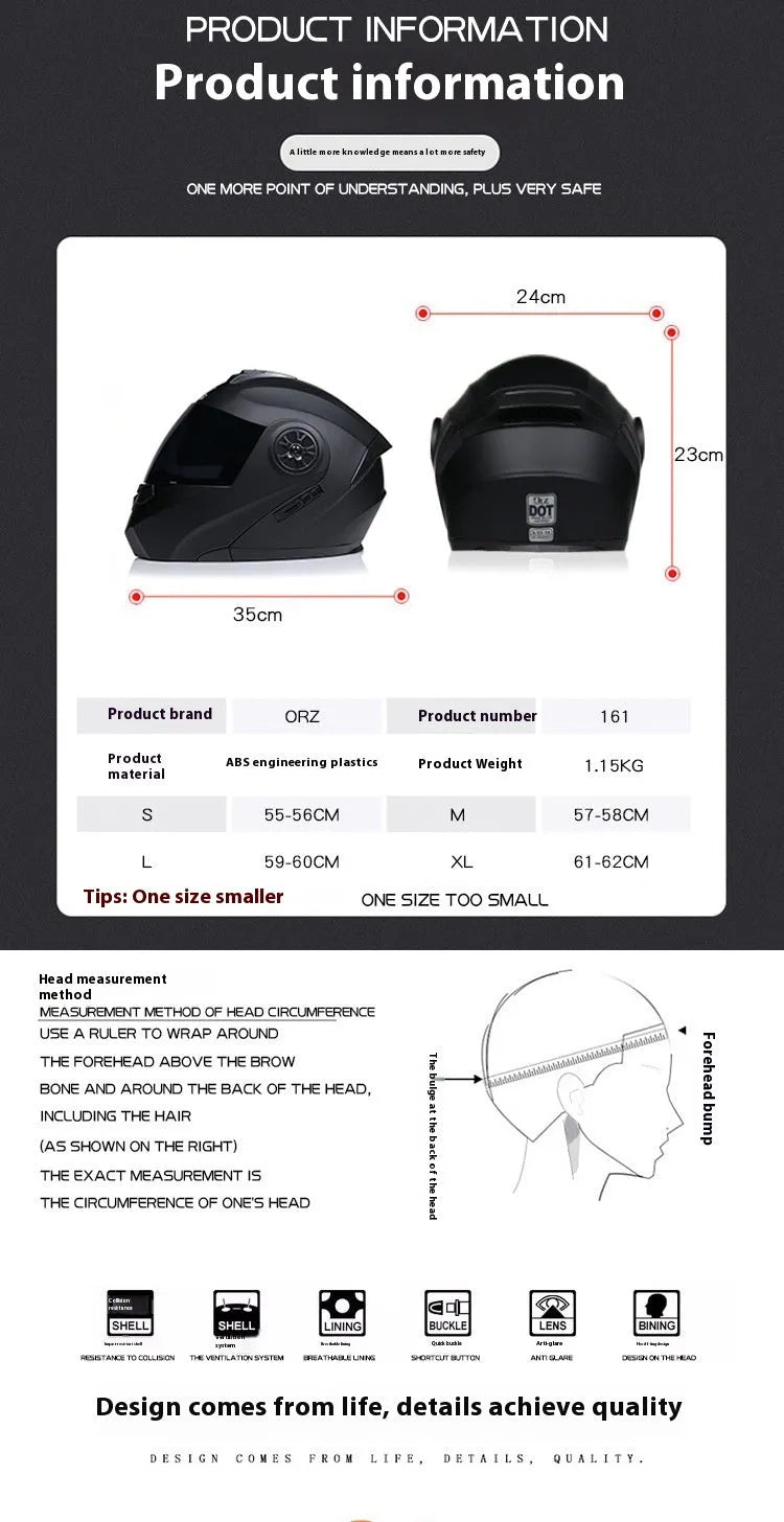 Full face ABS motorcycle helmet in matte black with black ribbon detailing, S to XL sizing options