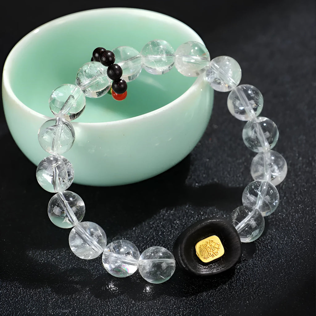 White crystal ebony wooden bracelet with five-warp braiding ethnic design