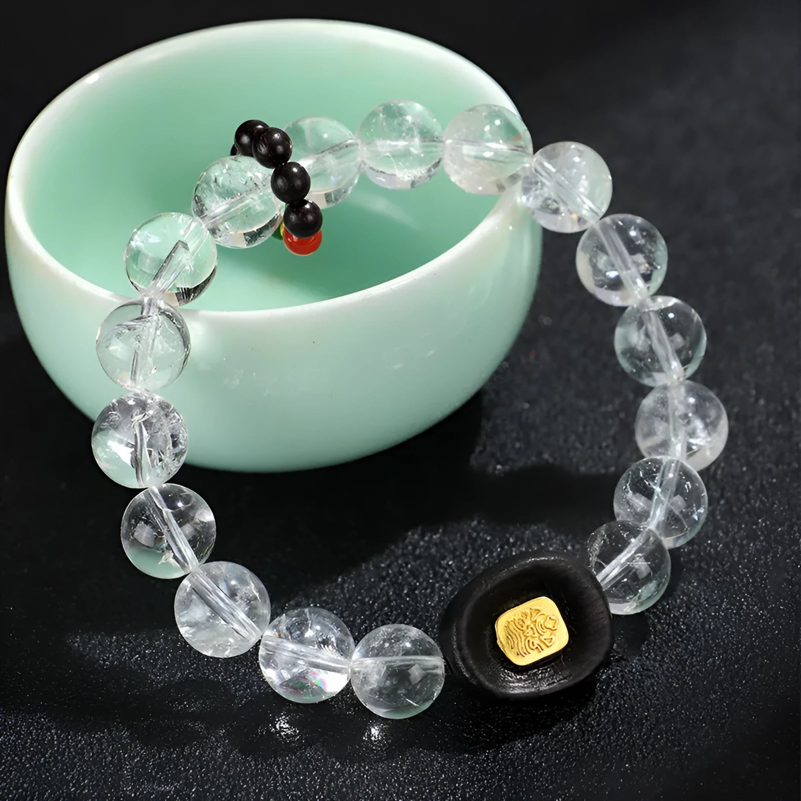 White crystal ebony wooden bracelet with five-warp braiding ethnic design