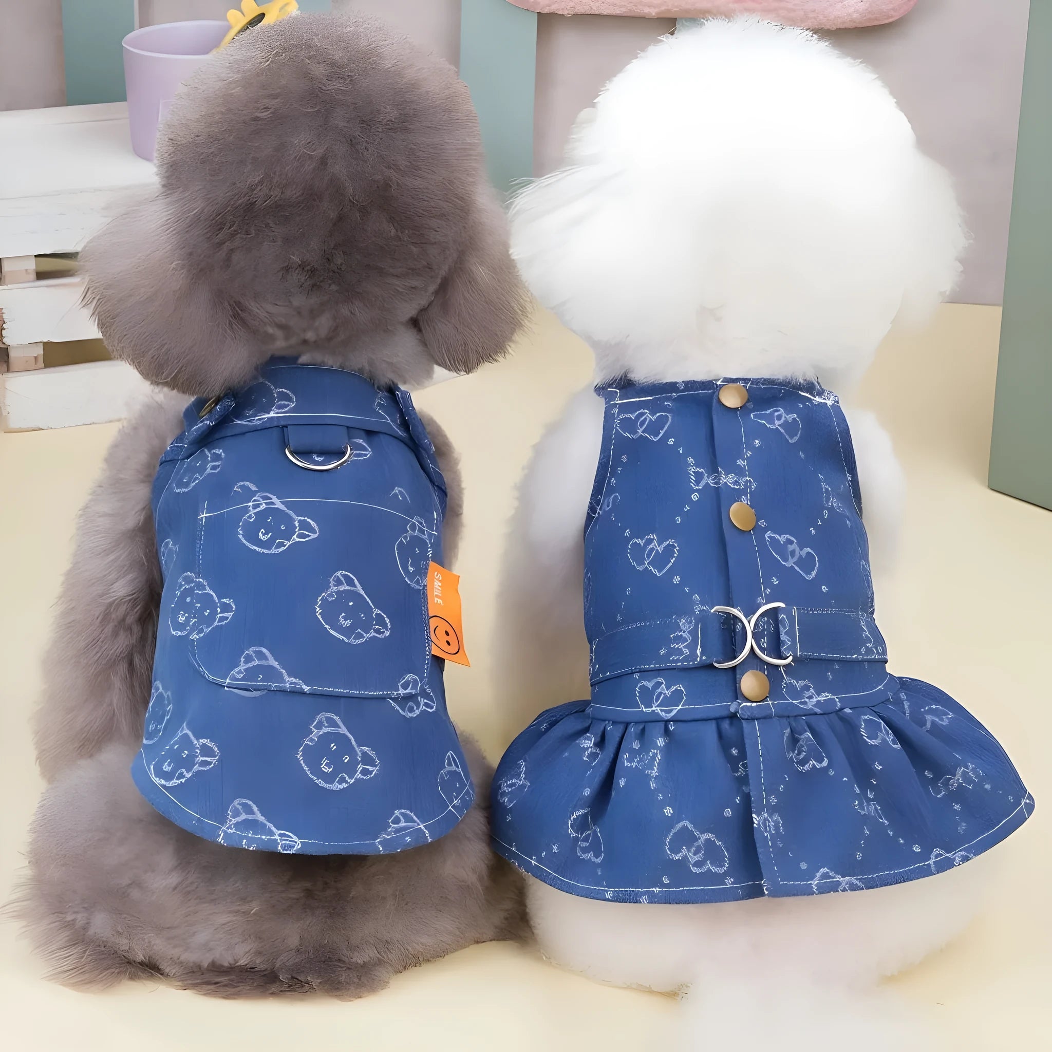 Teddy Bichon small dog wearing thin denim princess dress with bracket skirt style