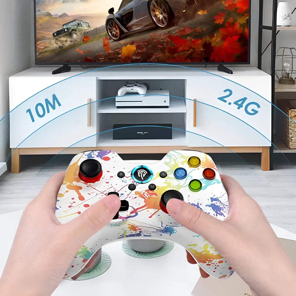 Dual mode wireless game controller for PC in black, green, red, or white colours.
