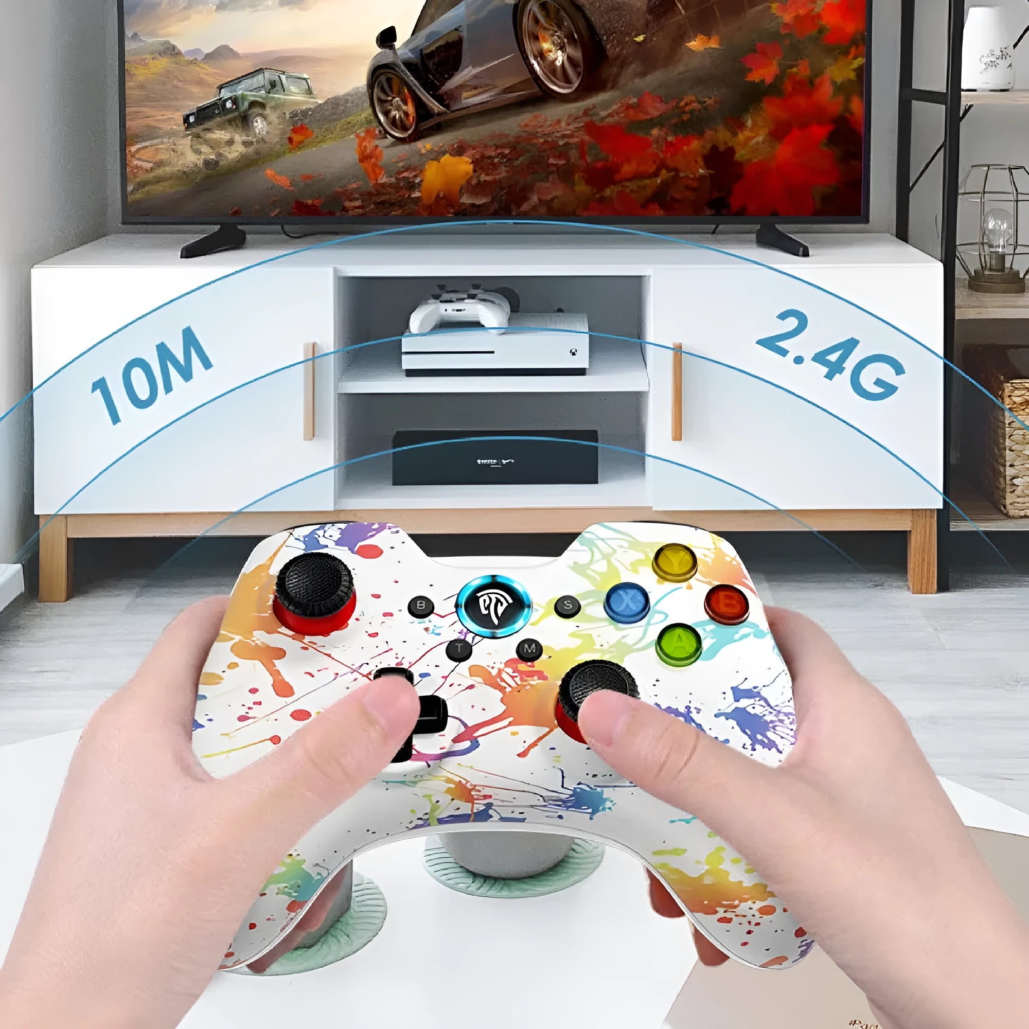 Dual mode wireless game controller for PC in black, green, red, or white colours.