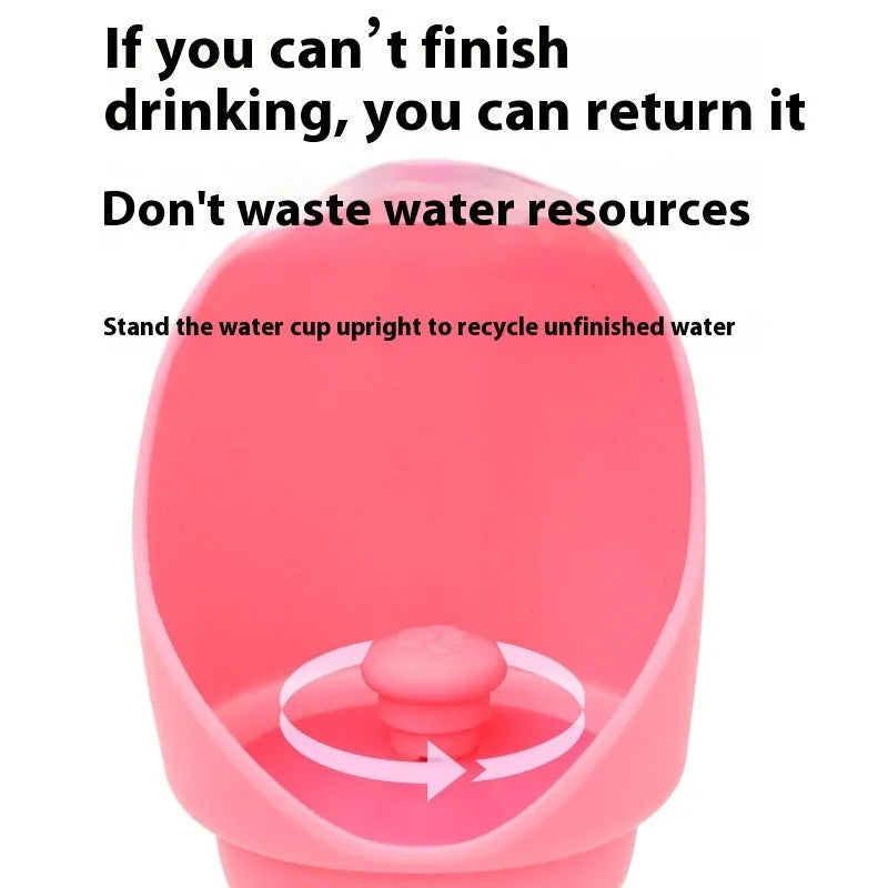 A pink silicone folding cup for pets, shown both expanded as a water bowl and collapsed flat for storage.