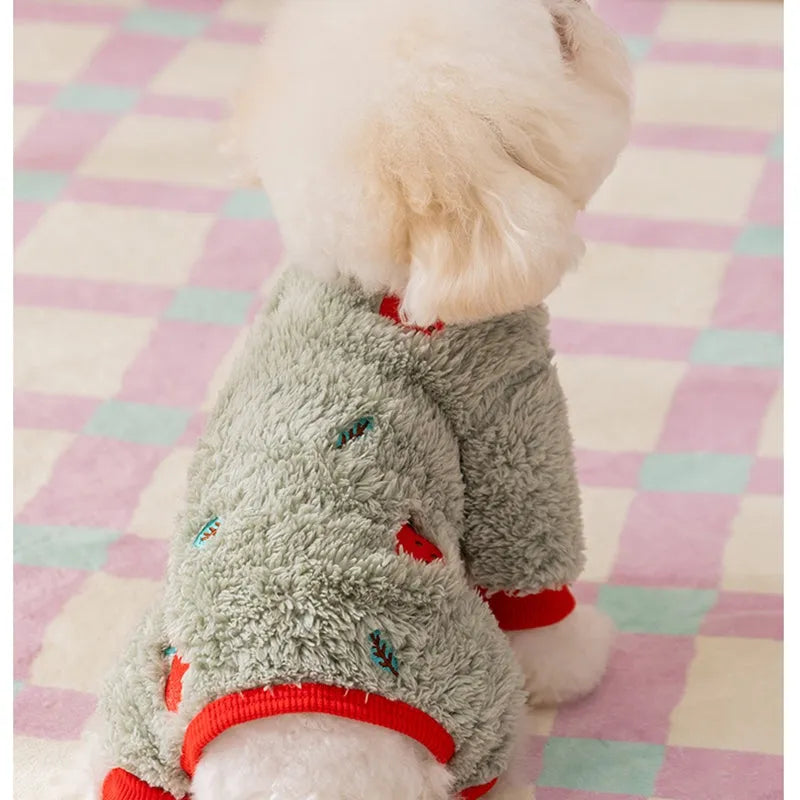 Brown fleece dog onesie with orange fruit embroidery on the back, four-legged design for small medium pets